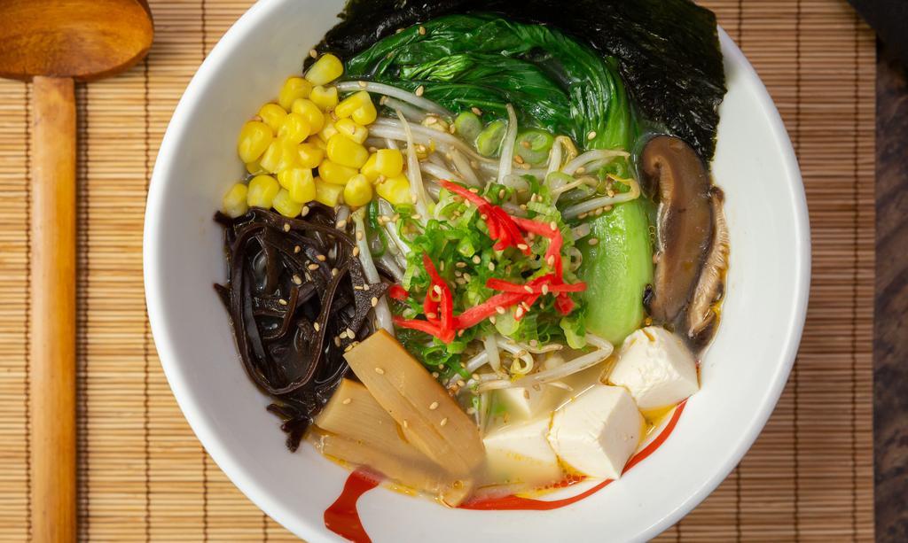 Vegetable Ramen · Curly noodle with tofu, beansprout, bok choy, mushroom, scallion, bamboo shoots, corn, wood ear, nori, with veggie broth.