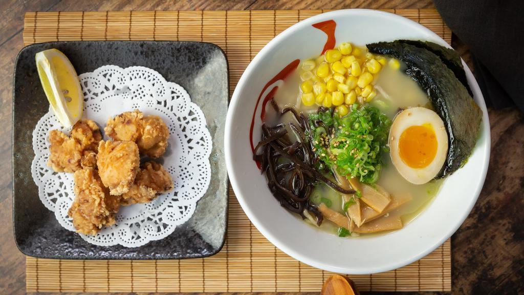 Karaage Ramen · Curly noodle with deep fried chicken, egg, fish cake, scallion, nori, bamboo shoots and wood ear with chicken broth.