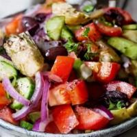 Mediterranean Salad · Romaine lettuce, fresh garden vegetables, pecans, sun-dried tomatoes, artichoke hearts, Gorg...