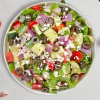 Salad For The Gods · Mixed greens topped with feta cheese, tomato, cucumbers, red onion, green peppers, olives an...