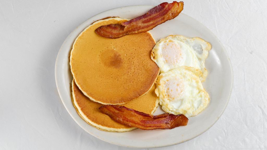 Pancake Special · Two pancakes, two eggs, with bacon or sausage patties or ham.