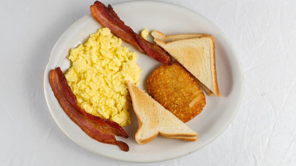American Egg Plate · two eggs, hash brown, two strips bacon, and two toast.