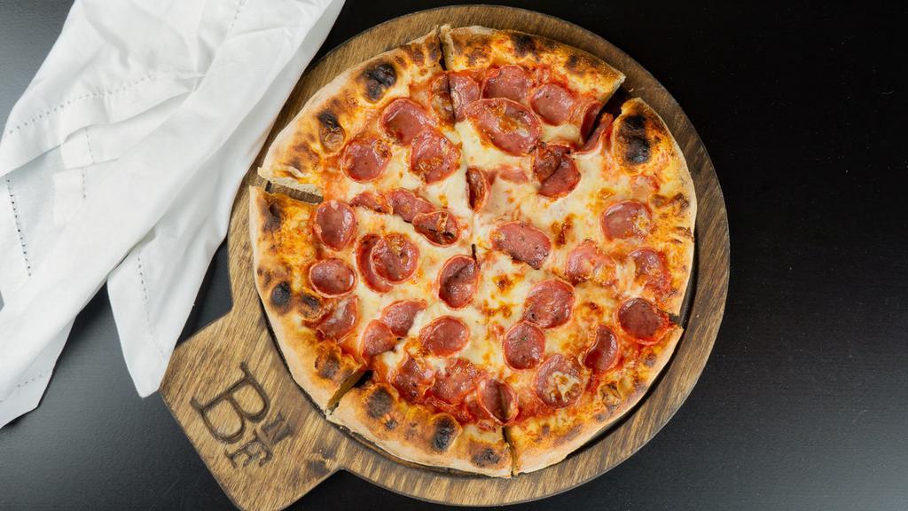 Soppressata · Italian cured meat and house blend cheese over red sauce.