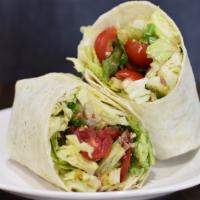 Blt Deluxe Wrap · Romaine and iceberg mix, bacon, grape tomatoes, and croutons with bourbon smoked paprika ran...