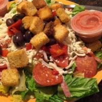 Lovers Salad · Romaine Lettuce, Roasted Red Peppers, Green and Black Olives, Salami, Pepperoni, Marinated A...