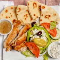 Chicken Plate · Grilled, marinated strips of chicken served with a small Greek salad, pita bread, and tzatzi...