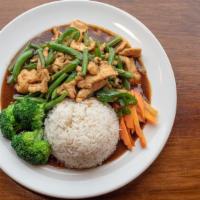 Pad Prik Khing · Spicy. A choice of protein stir-fried with spicy red curry, jalapeno and green beans.