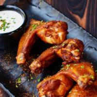 Whole “V” Pit Wings · Award-Winning. all-natural chicken / beer brined / old bay / ranch.