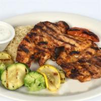 Sultan Chicken · Gluten free. Boneless chicken thigh marinated and charcoal grilled, served with rice and veg...