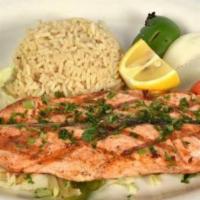Salmon · Gluten free. Fresh fillet of atlantic salmon grilled to perfection served with vegetables an...
