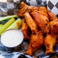 Chicken Wings · Jumbo wings and drumettes smothered in your choice of sauce. Served with bleu cheese or ranc...