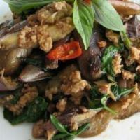 Spicy Eggplant · Spicy.  Stir-fried eggplant with chili,  garlic, bell pepper,  basil leaves in light bean sa...