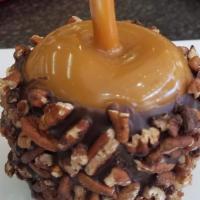 Pecan Apple (Gf) · Granny Smith apple covered in our homemade caramel, dipped in dark chocolate and rolled in c...