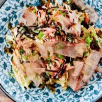 Okonomiyaki · Chasu, Kewpie Mayo, plum Eel Sauce, Katsuobushi, Scallion and Nori