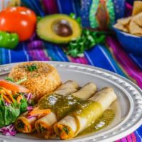 Flautas De Camote · Three sweet, spicy and savory taquitos rolled & deep fried till golden, stuffed with mashed ...