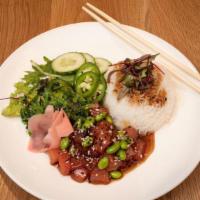Tuna Poke · Entree | Tuna tossed in a sesame soy glaze, seaweed salad, cucumbers, ginger, edamame & rice...