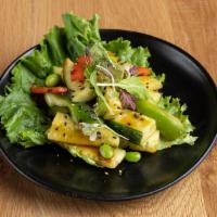 Cucumber Salad · Salad | Cucumber sticks with edamame and bell peppers, tossed in our sesame soy glaze. (Glut...