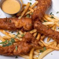 Fish & Chips · Entree | Beer battered cod, shoestring fries, remoulade sauce for dipping