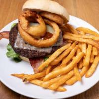 Kc Burger ⭐ · Sandwich | Onion rings, bbq sauce, white cheddar, bacon, pickles, lettuce, kaiser bun