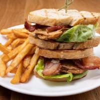 Blgt · Sandwich | Fried green tomato, bacon, lettuce, roasted garlic aioli on sourdough bread
