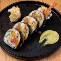 Tora Roll · Signature Roll | Tempura shrimp, spicy tuna, cucumber, su miso sauce, rolled in seaweed pape...