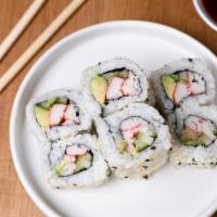 California Roll · Sushi Roll | Kani kama crab, cucumber, avocado rolled in seaweed.. (eight pieces) (Gluten-fr...