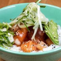 Poke Bowl Trio · Entree | Sashimi grade tuna, salmon & yellowtail, poke sauce, marinated cucumbers, avocado, ...