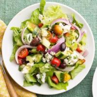 Greek Salad · Crispy romaine. lettuce, roma tomatoes,. sliced red onion, Kalamata olives, roasted red Pepp...