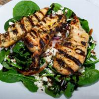 Spinach, Chicken & Feta Cheese Salad · Fresh baby spinach,. sliced grilled chicken, authentic feta cheese, red onion & drizzled wit...