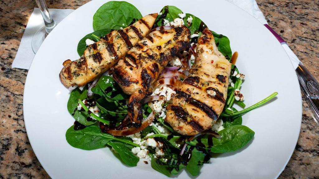 Spinach, Chicken & Feta Cheese Salad · Fresh baby spinach,. sliced grilled chicken, authentic feta cheese, red onion & drizzled with balsamic glaze. Gluten Free Option