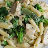 Chicken & Broccoli Alfredo · Tender chicken sautéed with garlic & fresh broccoli, tossed in creamy parmigiana sauce.