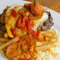 Traditional Portuguese Steak* · Sirloin steak, grilled. to perfection and topped with. a fried egg & spicy saffron sauce. Se...