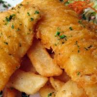 Fish & Chips · Lightly battered fresh cod, fried until perfectly golden brown and served with French fries ...