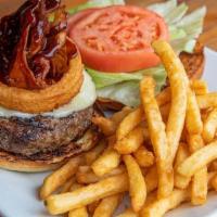 Whiskey Bbq Burger* · Melted provolone cheese, Applewood smoked bacon, fresh lettuce, tomato, crispy onion rings &...