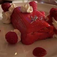Raspberry Velvet Cake  · vanilla sponge, raspberry confit,
almond-mascarpone ganache