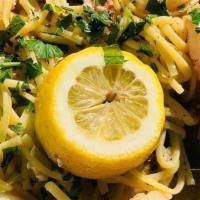 Shrimp Scampi · Linguini, lemon butter garlic wine sauce.