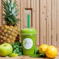 Go-Go Greens · Green apple, pineapple, celery, spinach, lemon, ginger, coconut water.