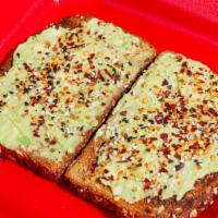 Avocado Toast · Organic whole grain toast, fresh avocado, topped with crushed red peppers and sea salt.