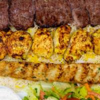 Sultani Mix (3 Pcs) · Beef Sultani, Jooje kabab(boneless chicken) and ground meat chicken kabab
