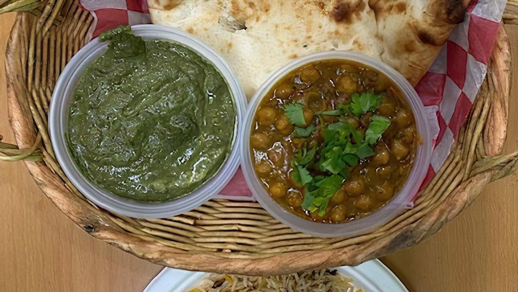 Vegi Platter · serve with spinach potato, chick peas, rice , salad , naan and sauce.