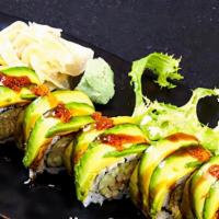 Dragon Roll · Cucumber, eel, crab meat inside, avocado on top.