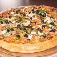 Vegeterian Pizza Pizza · Tomatoes, onion, mushrooms, black olives, jalapenos, green bell peppers, garlic.