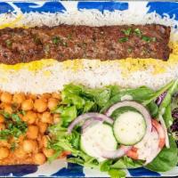 Beef Kubideh Platter · Beef Kubideh + Saffron Basmati Rice + Garden Salad + Chickpeas