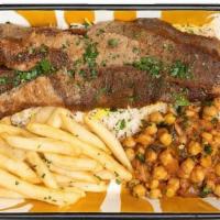 Beef & Lamb Gyro Platter · Beef and Lamb Gyro + Saffron Basmati Rice + Chickpeas + Fries