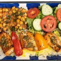 Salmon Kabob Platter · Salmon kabob + Saffron Basmati Rice + Grilled Veggies + Chickpeas