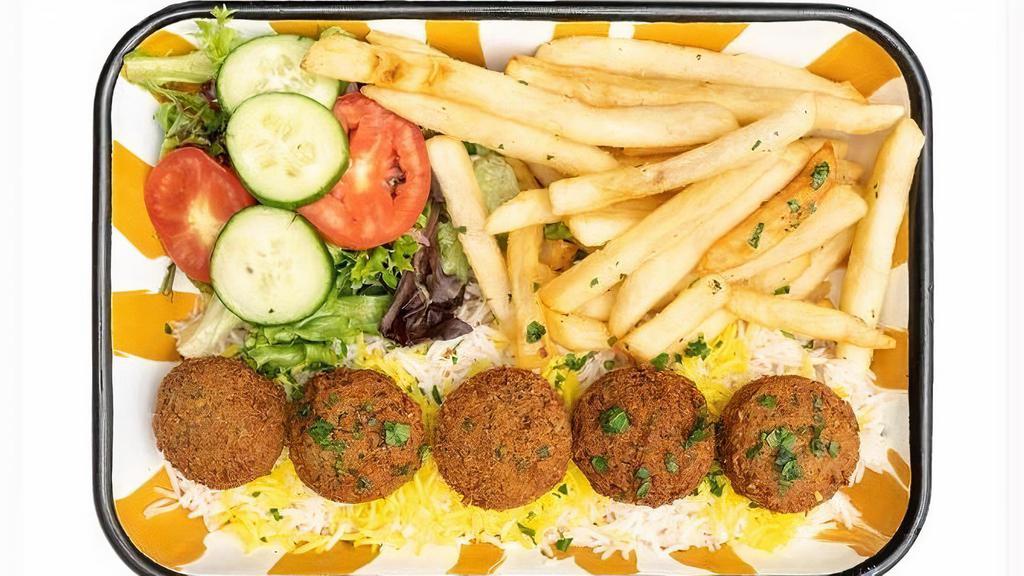 Falafel Platter · Falafel + Saffron Basmati Rice + Fries + Garden Side Salad