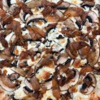 Mushroom And Onion Pie- · roasted garlic olive oil, mozzarella, provolone, roasted cremini mushrooms, caramelized onions