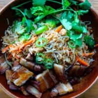 Fried Rice · Crispy pork belly, egg, basmati rice, broccoli, cabbage, carrots, green onions, serrano, cil...