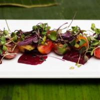 Baby Red Beet And Heirloom Tomato Salad · Vegetarian, vegan., gluten-free. roasted chilled beets, baby heirloom tomato, arugula & micr...