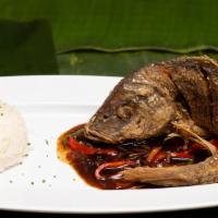 Fried Red Snapper (Escabeche) · whole fried 1lb red snapper with sweet red & green pepper in ginger-tamari sauce, jasmine ri...
